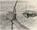 Close-up of "Crooked /Qui's" hands, showing arrow release and position of left hand on bow (print is a cropped image)