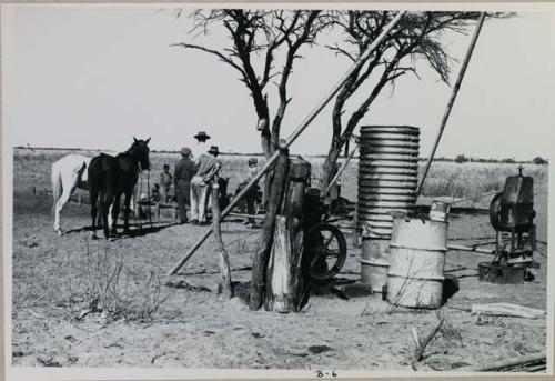 Expedition members standing by a water trough; man with two horses
