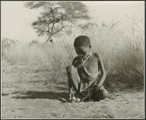 "Auto": Boy sitting and playing with a toy car made from veldkos (print is a cropped image)