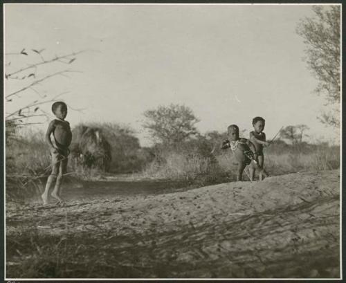 "Stick Throwing Game": /Gaishay and "Little Gao" playing Bah n≠aq’u (the stick throwing game), standing on an ant-hill, with another boy standing near them (print is a cropped image)