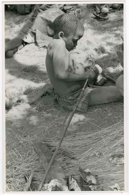 "The Jani [Djani]" (helicopter toy): /Gaishay (≠Toma and U's son) cutting a piece of veldkos with a spear (print is a cropped image)