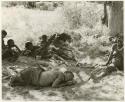 "The 1955 study of groups with children": Group of people resting in the shade, including //Khuga, /Naoka, Debe and /Gaishay, with !U asleep and Elizabeth Marshall Thomas taking notes (print is a cropped image)