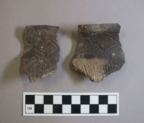 Ceramic, earthenware rim sherds, flared rim, incised and cord-impressed, shell-tempered