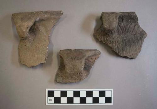 Ceramic, earthenware rim and handle sherds, two incised and cord-impressed, one incised, cord-impressed, and punctate, shell-tempered