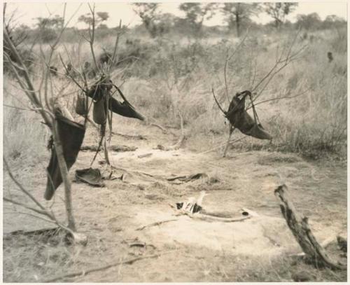 Hunting bags hanging in branches, with a bed, and a fire in the background (print is a cropped image)