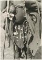 Close-up of tortoise shell ornaments and apron decorated with hanging ornaments worn by !Ghia (second wife of "Old ≠Gao" from Band 10) (print is a cropped image)