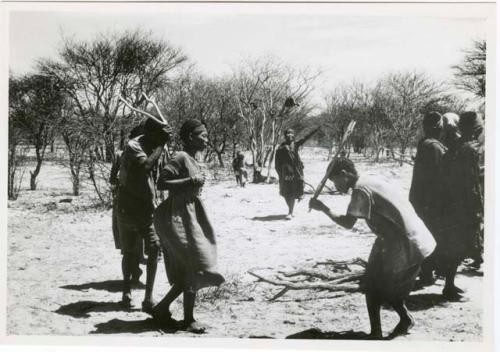 [No folder title]: Dancers performing the Eland Dance, with Twi playing up to !Ani (from color slide 2001.29.8659)