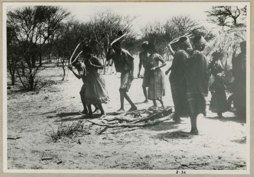 [No folder title]: Men performing the Eland Dance, holding horns to their heads and coming around from behind the skerm (from color slide 2001.29.8671)