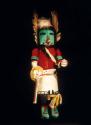 Kachina of cottonwood root with turquoise case mask and red tubular mouth