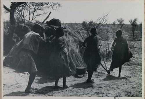 [No folder title]: Group of people performing the Eland Dance; !Ani leading a line of people, man holding wooden horns to his heads
