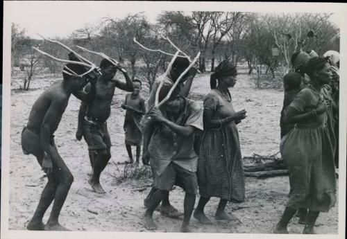 [No folder title]: Group of people performing the Eland Dance; group of women clapping; men with wooden horns on their heads

