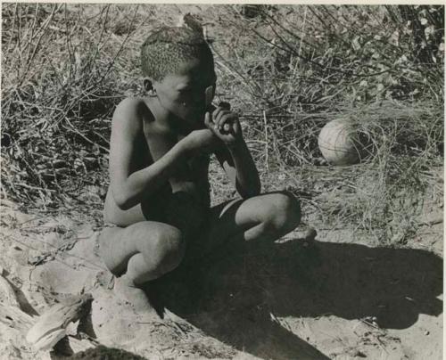 [No folder title]: /Gaiamakwe taking a bite of meat, cutting it off at his lips




