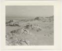 "1950's 400 series": Landscape with sand and rocks, and water in distance (print is a cropped image)