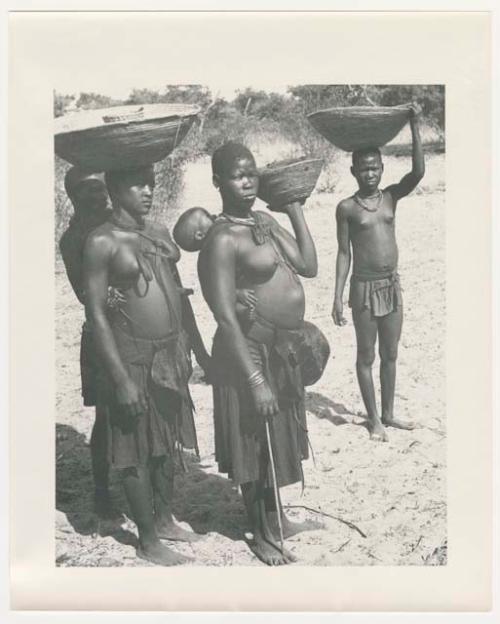 "1950 '400 Series' / 87 B/W prints (some duplicates) / Ovamboland": Women carrying baskets on their heads and babies on their backs (print is a cropped image)