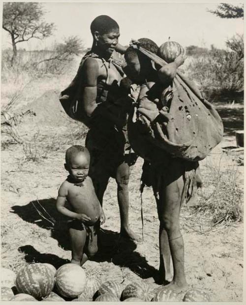 [No folder title]: Tsekue standing with her kaross full of tsama melons hung over her head and shoulder, and /Twikwe and Oukwane standing next to her






