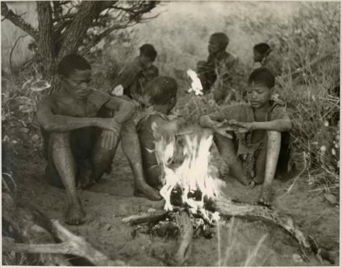 [No folder title]: Group of visitors sitting by a fire







