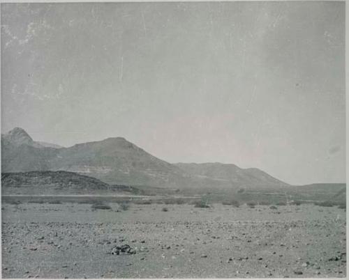 "1950 400 series  43 prints / Kunene River, Kaokoveld, Ovamboland / Merle LaVoy & L.K.M": Landscape, with mountains in background (print is a cropped image)