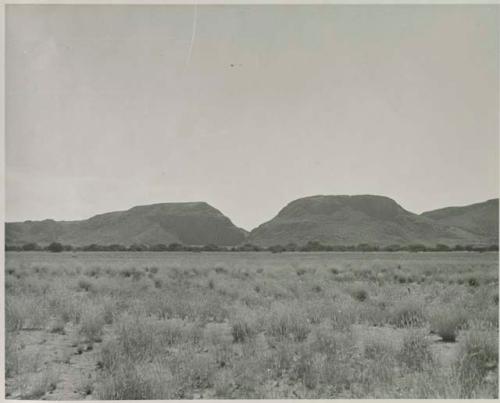 "1950 400 series  43 prints / Kunene River, Kaokoveld, Ovamboland / Merle LaVoy & L.K.M": Landscape, with hills in the distance (print is a cropped image)