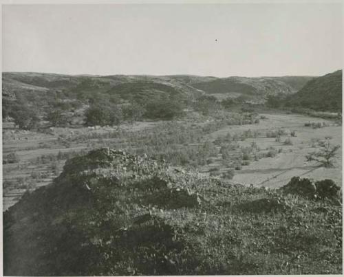 "1950 400 series  43 prints / Kunene River, Kaokoveld, Ovamboland / Merle LaVoy & L.K.M": View from the top of a hill (print is a cropped image)