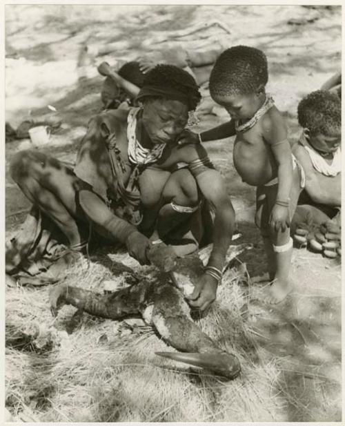 [No folder title]: Di!ai cutting a wildebeest head with Debe standing beside her and other unidentified people (print is a cropped image)