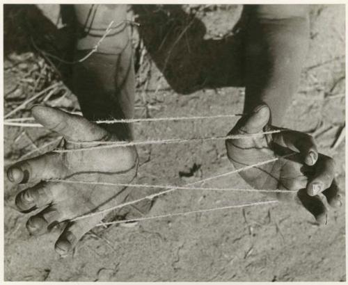 [No folder title]: Child's hands holding a "cat's cradle" in an early stage (print is a cropped image)