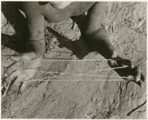 [No folder title]: Child's hands holding a "cat's cradle" in an early stage (print is a cropped image)