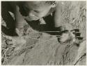 [No folder title]: Child's hands holding a "cat's cradle" in an early stage (print is a cropped image)