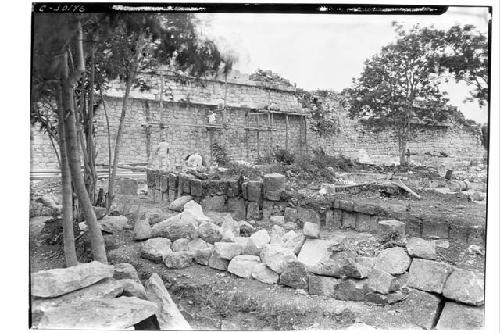 Caracol. S. Annex, West of small court. Bench partially covered by masonry wall.