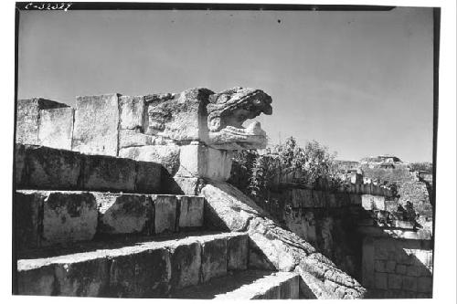 Caracol - serpent head, top of south balustrade of lower stairway.