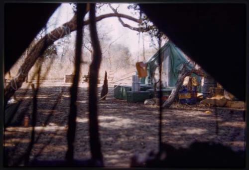 View of the expedition camp from the inside of a tent