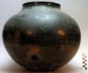 Ceramic storage jar. Plain black-ware, no design. 13" (height); 7.5" (mouth di