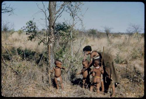 Children, Socialization--hunting, carrying: Woman leaning over three little children playing with digging sticks, imitating women nearby gathering veldkos