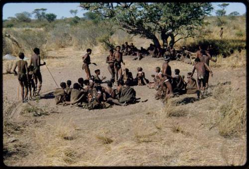 Dance: Line of men dancing at a daytime dance, changing direction, with men dancing clockwise and counter-clockwise around a circle of women sitting