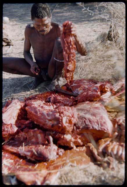 Food, Meat: "Gao Medicine" cutting up meat, close-up