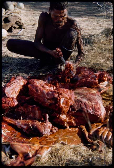 Food, Meat: "Gao Medicine" cutting up meat, close-up