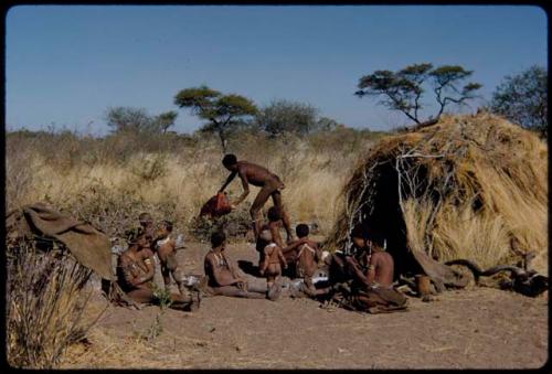 Food, Meat: "Gao Medicine" bringing a quarter of meat in meat distribution to a group of people sitting in front of a skerm, including "Old ≠Toma" sitting in the middle of the group