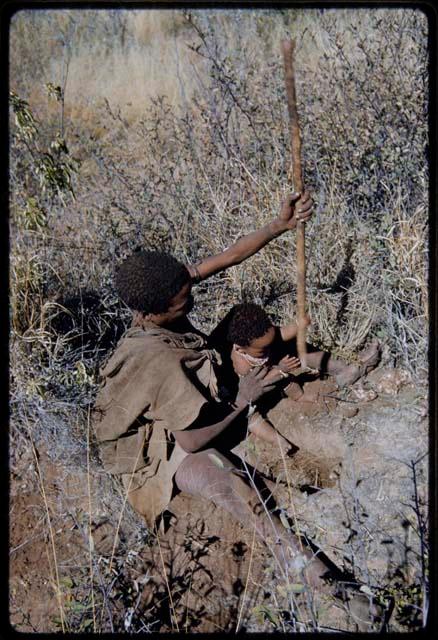 Food Gathering, Children: Woman sitting and digging, with a child sitting on the ground in front of her