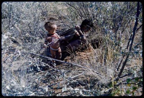 Food Gathering, Children: Woman digging in brush, with a child standing behind her