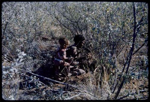 Food Gathering, Children: Woman digging in brush, with a child standing behind her