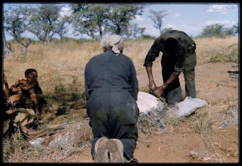 Philip Hameva and Manuel cutting a pig that they skinned, with other people watching them