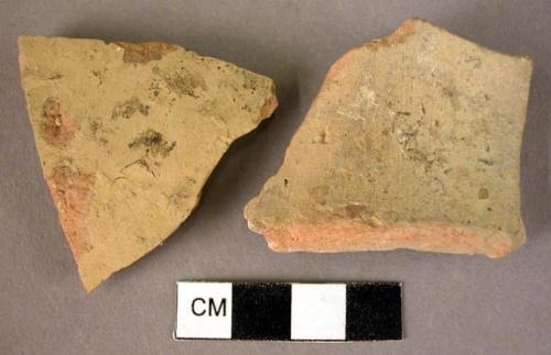 2 potsherds, greenish yellow slip, plain