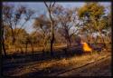 Fire in a veld, children standing near by