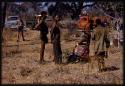 Group of men standing next to buffalo meat being distributed