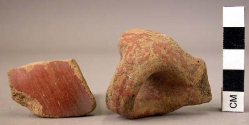 Pottery handle fragment; potsherd - red polished ware, slipped