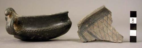 3 sherds of pottery bowls with inside decoration made by graphite working