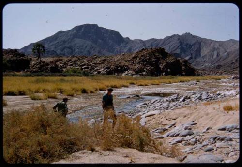 Charles Koch and Attila Port walking along the bank of a river