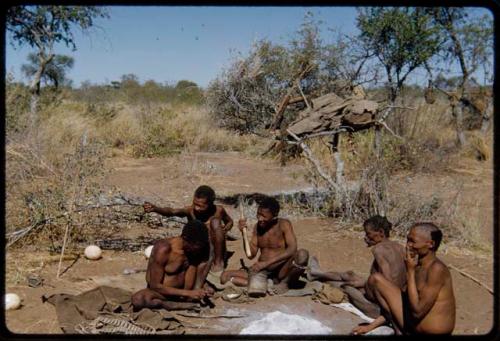 Groups: Men sitting with "Old Gau" at his dwelling place, including "Old ≠Toma," ≠Gao, "Old /Gaishay," and /Qui (Gau's son-in-law)