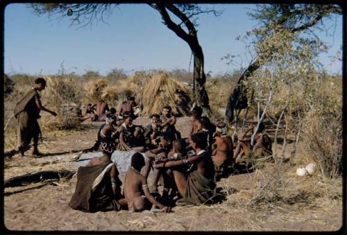 Groups, Extended Family: "Gao Helmet" sitting with his extended family in his dwelling place, including Khuan//a (daughter of "Old /Gaishay"), Khwo//o-/Gasa, ≠Gao (husband of Khwo//o-/Gasa), //Kushay ("Gao Helmet's" second wife, daughter of ≠Gao and Khwo//o-/Gasa), //Kushay (first wife of "Gao Helmet"), "Old ≠Toma" (father of //Kushay), Zuma (daughter of /Xama and sister of "Gao Helmet"), Xama (daughter of "Gao Helmet" and his first wife), //Khuga (wife of !Naishi), and Khuan//a (daughter of //Khuga and !Naishi)