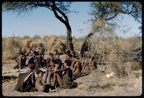 Groups, Extended Family: "Gao Helmet" sitting with his family in his dwelling place, including Khuan//a (daughter of "Old /Gaishay"), Khwo//o-/Gasa, ≠Gao (husband of Khwo//o-/Gasa), //Kushay ("Gao Helmet's" second wife, daughter of ≠Gao and Khwo//o-/Gasa), //Kushay (first wife of "Gao Helmet"), "Old ≠Toma" (father of //Kushay), Zuma (daughter of /Xama and sister of "Gao Helmet"), Xama (daughter of "Gao Helmet" and his first wife), //Khuga (wife of !Naishi), and Khuan//a (daughter of //Khuga and !Naishi)