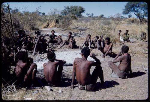 Groups, Extended Family: "Gao Hunchback" squatting (right), with his extended family (Band 11) sitting around him, including his sons-in-law (front)